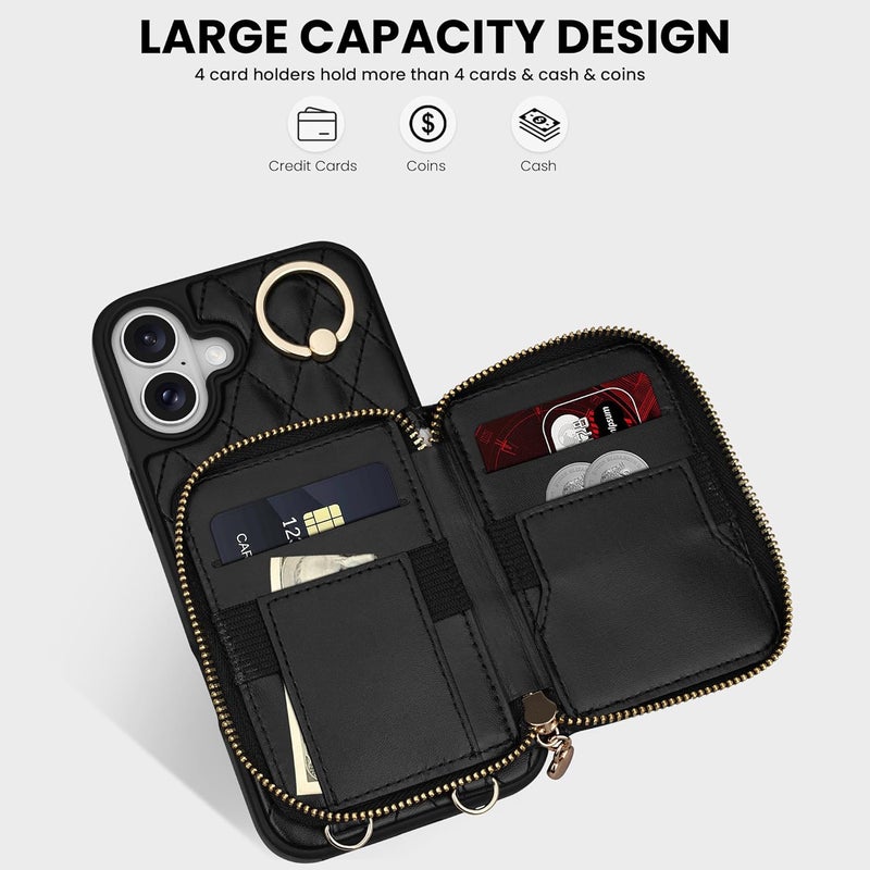 Keallce Case for iPhone 16 6.1'' Wallet Case, Crossbody Zipper Purse with Wristlet for Women, RFID Blocking Card Holders, 360° Ring Kickstand Flip Leather Case for iPhone 16, Black - Image 2